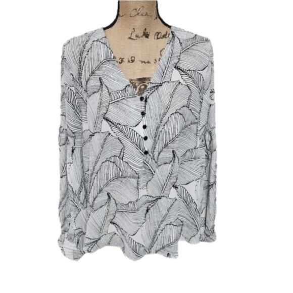 MELLODAY black & white leaf print lantern sleeve 3/4 button front blouse size XL - Picture 1 of 7